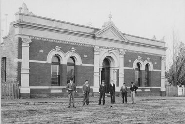 Photograph, Group of men outside School of Mines building Skene Street Stawell c1900's