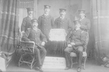 Photograph, Stawell Fire Brigade, First Hose Six Team group portrait who won at Warrnambool Demonstration1905