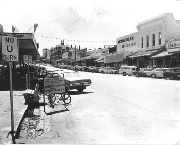Photograph, Upper Main Street Looking East when closed for construction of Pedestrian Mall 1978