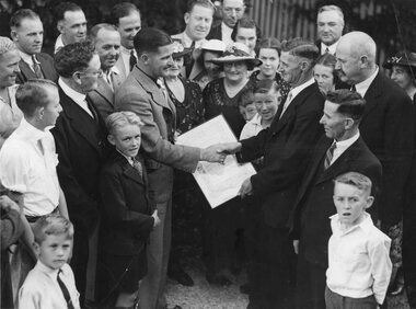Photograph, Mr L.O.B. Fleetwood-Smith receiving a Presentation at his family home in Scallan Street