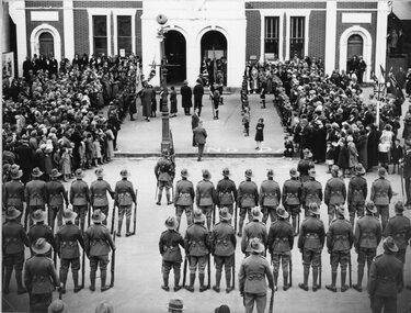 Photograph, Special Occasion at the Town Hall with soldiers on Parade c1935