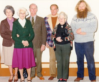 Photograph, Stawell Historical Society Inc.  -- Original Members L to R Mrs Dawn Miller, Mrs H Croft, Mr Geoff Sudholz, Mr Allan Miller, Mrs Jean Hughes & Mr John Muller 1981 -- Coloured
