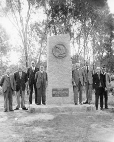 Photograph, Stawell Progress Association Members beside the Gold Memorial monument to the discovery of gold at Pleasant Creek 1953