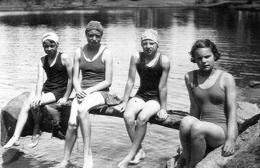 Photograph, Old England Dam in the Ironbarks with swimmers Edna, Sylvia, Connie and Eileen