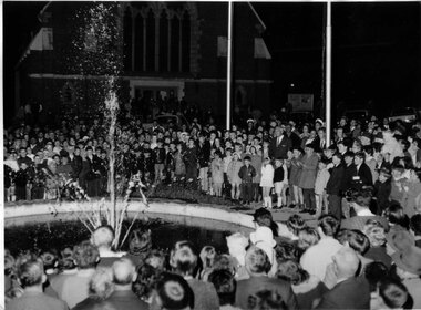 Photograph, Mr John D’Alton Fountain being turned on with the crown watching on 1969