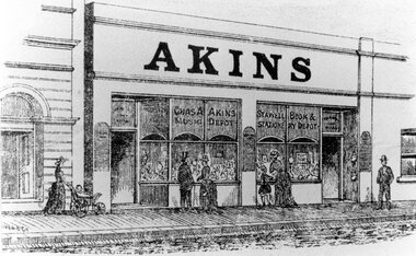 Drawing, Mr C.A. Akins' Bookshop in Main Street Stawell from P.C. News Supplement 1888 -- Sketch