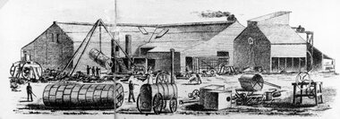 Drawing, Wayman & Kay Foundry in Wimmera Street from P.C. News Supplement 1888 -- 2 Sketches -- 1 Newspaper Advert