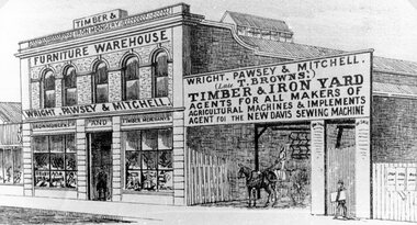 Drawing, Wright, Pawsey & Mitchell in Main Street Stawell from the P.C. News Supplement 1888 -- Sketch