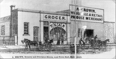 Drawing, Mr A. Brown Grocer, Wholesale & Retail Produce Merchants in Main Street Stawell from the P.C. News Supplement 1888 -- Sketch
