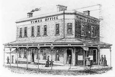 Drawing, Stawell Times Newspaper Office, corner of Main Street Stawell & Patrick Street in the P.C. News Supplement 1888 -- Sketch