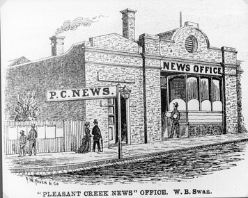 Drawing, Pleasant Creek News Office in Upper Main Street Stawell from the P.C. News Supplement 1888 -- Sketch