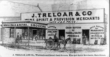 Drawing, Mr J. Treloar & Co, Grocers and Wine Spirit Merchants in Main Street Stawell from the P.C. News Supplement 1888 -- Sketch
