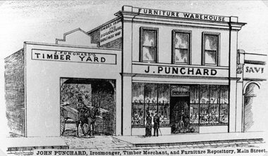 Drawing, Mr J. Punchard, Timber Merchant & Furniture Warehouse in Main Street Stawell from the P.C. News Supplement 1888 -- Sketch