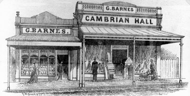 Drawing, G. Barnes & Cambrian Hall, Draper in Main Street Stawell from the P.C. News Supplement 1888 -- Sketch