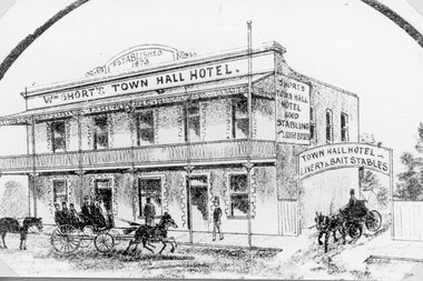 Drawing, "Shorts" Town Hall Hotel in Main Street Stawell from the P.C. News Supplement 1888 -- 2 Sketches