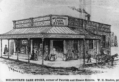 Drawing, Melbourne Cash Store on the corner of Patrick Street and Sloane Street from the P.C. News Supplement 1888 -- Sketch