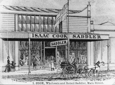 Drawing, Mr Isaac Cook, Saddler in Main Street Stawell from the P.C. News Supplement 1888 -- Advert