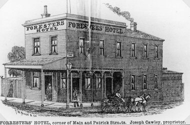 Drawing, Mr J Crawley Foresters’ Hotel at the corner of Main Street Stawell & Patrick Street from the P.C. News Supplement 1888  -- Sketch