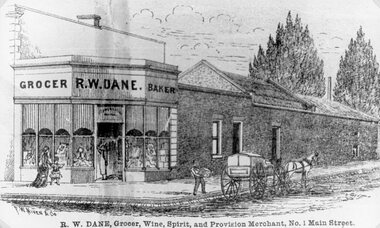Drawing, Mr R. W. Dane Grocer & Baker on the corner Main Street Stawell & Layzell Street from the P.C. News Supplement 1888-- Sketch