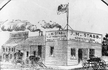 Drawing, Stabb Coach Builders, on the corner of Main Street Stawell & Wimmera Street from P.C. News Supplement 1888 -- Sketch