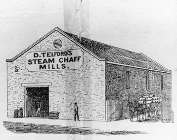 Drawing, Mr D. Telford,  Chaff Mill, Produce Dealer & Grocer in Main Street Stawell from the  P.C. News Supplement 1888 -- Sketch