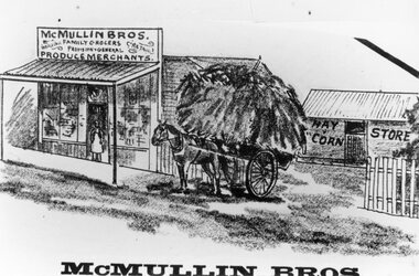 Drawing, McMullin Bros, Family Grocers & Produce Merchant in Main Street Stawell from the P.C. News Supplement 1888 -- Sketch