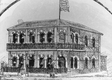 Drawing, Coffee Palace, formerly Castlemaine Hotel owned by Mr T Aldred on the corner of Main Street Stawell & Victoria Street fromthe  P.C. News Supplement 1888 - Sketch