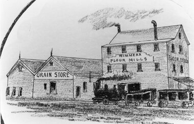 Drawing, Wimmera Flour Mills and Grain Store in Taylor Street c1890 -- Sketch