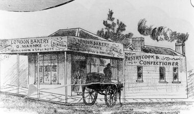 Drawing, Mr G. Mahnke, London Bakery on the corner of Main Street and Wimmera Streets Stawell c1890 -- Sketch