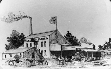 Drawing, Stawell Brewery in Stawell West with Flag flying on Mast and several carts in front c1890