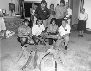 Photograph, Aboriginal Collection Presented (Historical Society) in 1992, handing over artefacts from McNamara Collection to Brambuk Aboriginal Cultural Centre Halls Gap