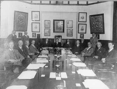 Photograph, Stawell Mayor Cr S Freeland of the Stawell Borough Council with councillors in the old council chambers of the Town Hall 1933-1936