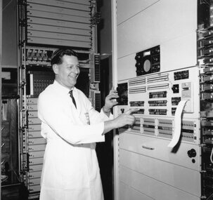 Photograph, Stawell Automatic Telephone Exchange Opening with Officer in charge of works Mr John Hollingsworth of Geelong 1965