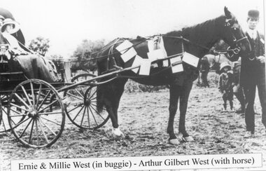 Photograph, Mr Ernie West & Mrs Millie West nee Unknown in the buggy with Mr Arthur Gilbert West holding the horse
