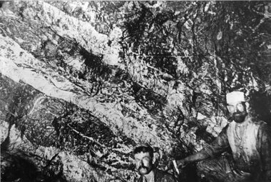Photograph, "Magdala-Cum-Moonlight" Mine at the 1100 ft level on visible gold looking South 1895