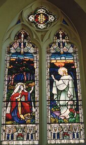 Photograph, Holy Trinity Anglican Church Stained Glass Windows -- In loving memory of her parents Sophia and Robert Dane by Evelyn Dane Oct 1927 -- Coloured