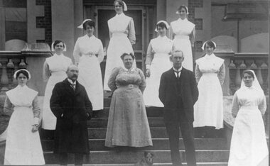 Photograph, Pleasant Creek Hospital with Doctors and Nurses on the Steps c1917