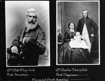 Photograph, Pleasant Creek -- Stawell Hospital with Mr Chas Playford as first Secretary & Mr Martin Thornfeldt and family as First Dispenser -- Studio Portraits -- 2 Photos