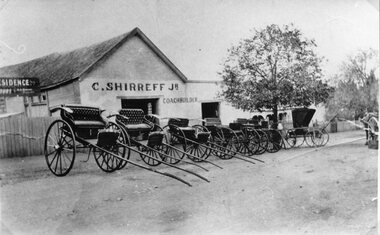 Photograph, Mr C Shirreff Jnr --  Coachbuilder business in Victoria Street Stawell