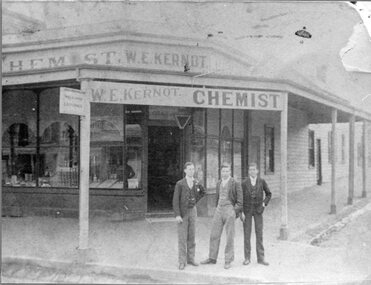 Photograph, Mr W.E. Kernot's Chemist Store on the corner of Main & Wimmera Streets Stawell