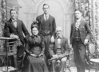 Photograph, Mr George Robson Snr with Mrs Betsey Robson nee Unknown & sons Tom, George and Bob 1900