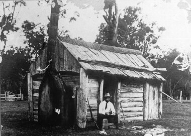 Photograph, Original Borough Hut of Wood slab construction with bark roof for the Stawell Water Supply