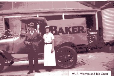 Photograph, Mr Warren Greer with Mrs Ira Greer nee Unknown with their Bakery & their home in Halls Gap c1929 -- 3 Photos