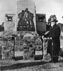 Photograph, Mr Edward Stephens -- 100 years old in front of Deep Lead Pioneers Memorial 1937