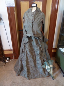 Clothing - Costume and Accessories, Two Piece Gown with Bustle & Parasol .   Green in colour