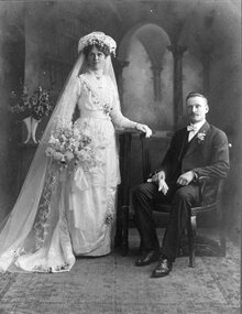 Photograph, Mr James Frederick Baylie a blacksmith and Miss Emily E.A. Giles' wedding -- both from Wal Wal in Glenorchy 1914-- Studio Portrait
