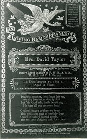Photograph, Mrs David Taylor previously Mrs August Berndt nee Rebecca Langdon Memorial Card 1897