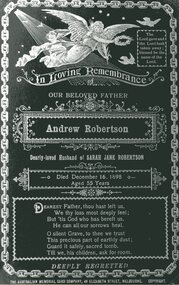 Photograph, Mr Andrew Robertson's Memorial Card 1898