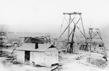 Photograph, Unkown mine with shed, Whim and Poppet Head 1877