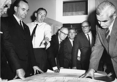 Photograph, New Stawell Technical School --  Examining the plans 1967